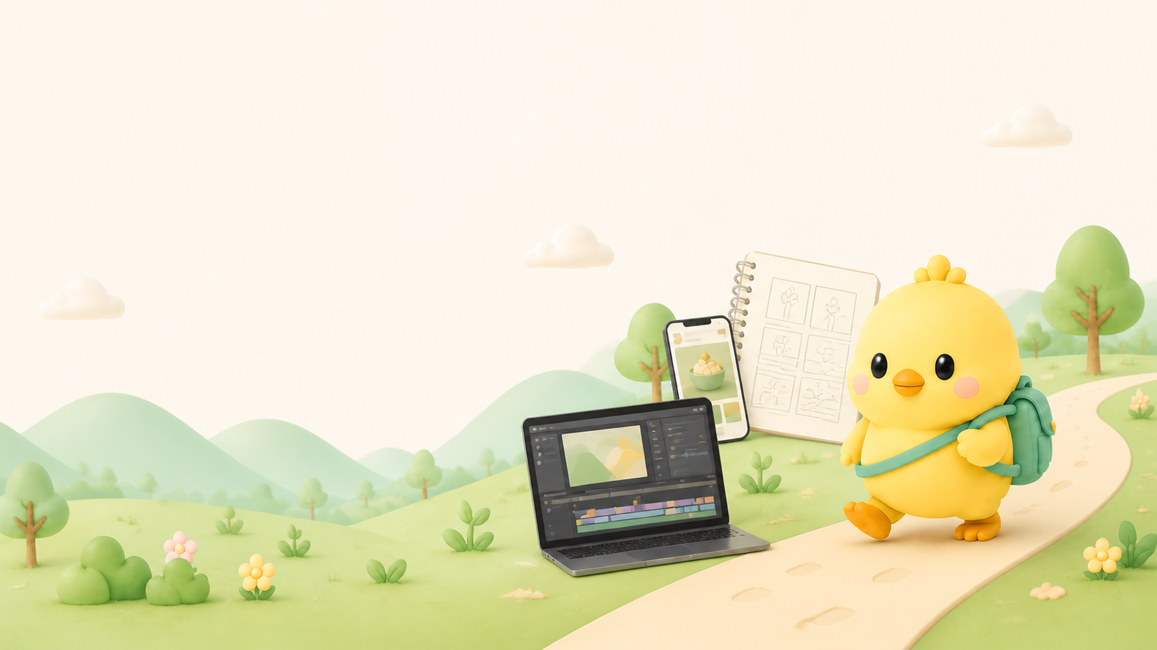 てくちゃんがノートPCとスマホの置かれた散歩道を歩いている風景イラスト